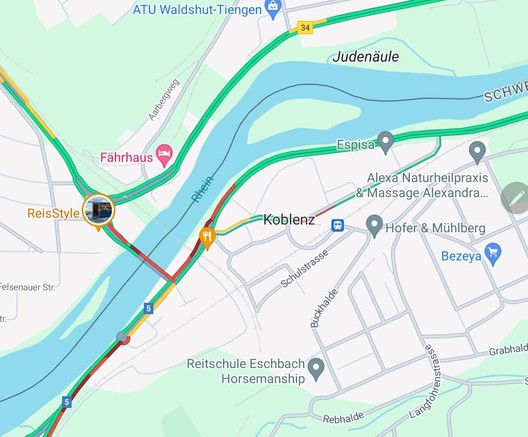 Kartenausschnitt Google Maps: Koblenz in der Schweiz, gegenüber Waldshut-Tiengen