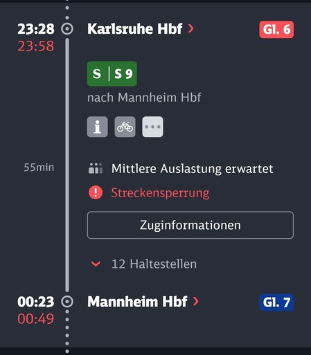 Bahn App: Zug von Karlsruhe nach Mannheim hat mindestens 30min Verspätung wegen Streckensperrung 