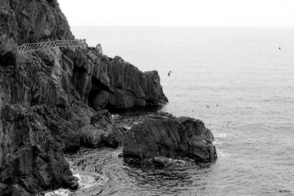 Schwarzweißfoto, aufgenommen bei Cinque Terre in Ligurien. Ein Mann springt von einem der schroffen Felsen ins Meer. In der Aufnahme schwebt er in der Luft. Links im Bild aufgetürmte Felsen, rechts das Mittelmeer mit sanften Wellen.