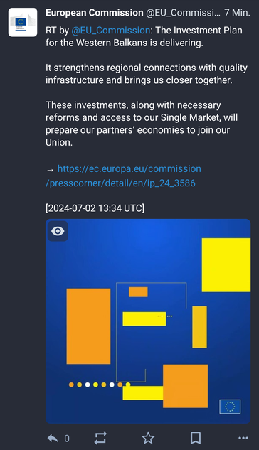 Post by the EU commission about western balkan investments, but the attached picture is broken and only shows several yellow and orange rectangles on blue ground, no words or numbers