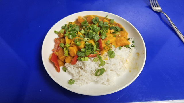 Teller mit Süßkartoffelcurry und Reis
