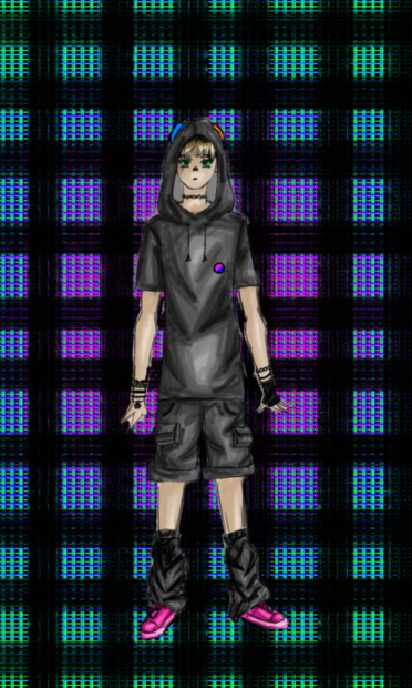 A person wearing a black hoodie, black shorts, pink shoes, black gloves and some jewellery stuff standing in front of a neon background