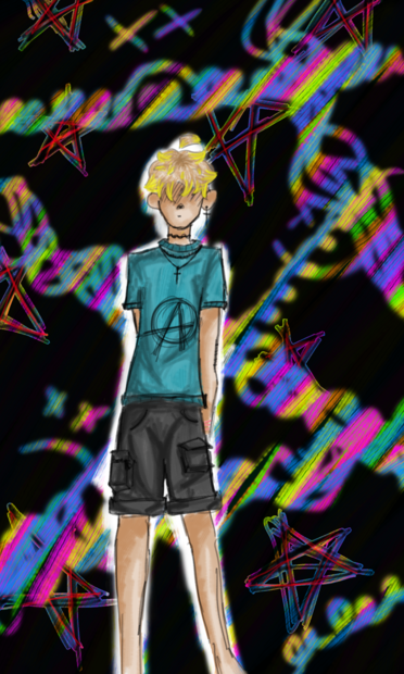 A boy wearing a blue t-shirt and black shorts standing in front of a black background with neon stripes and smileys