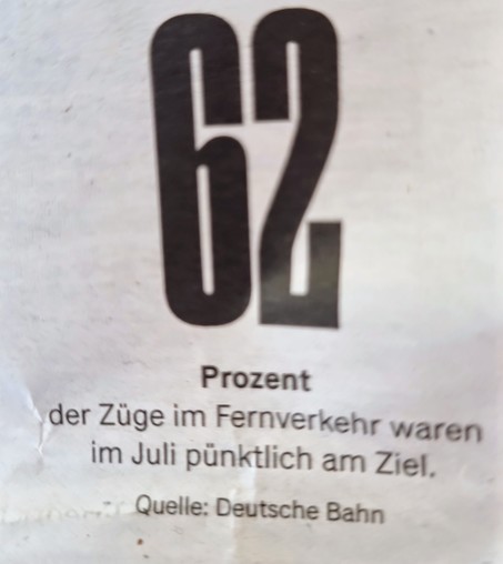 Etikett mit der Aufschrift:
62
Prozent
der Züge im Fernverkehr waren im Juli pünktlich am Ziel.

Quelle: Deutsche Bahn 